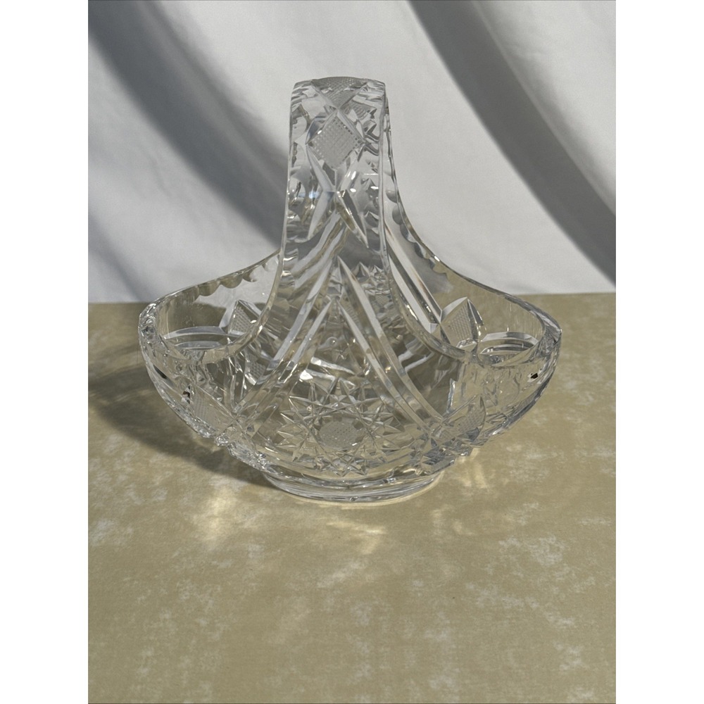 Vintage Lead Crystal Clear Cut Glass Basket with Handle Trinket Candy Dish